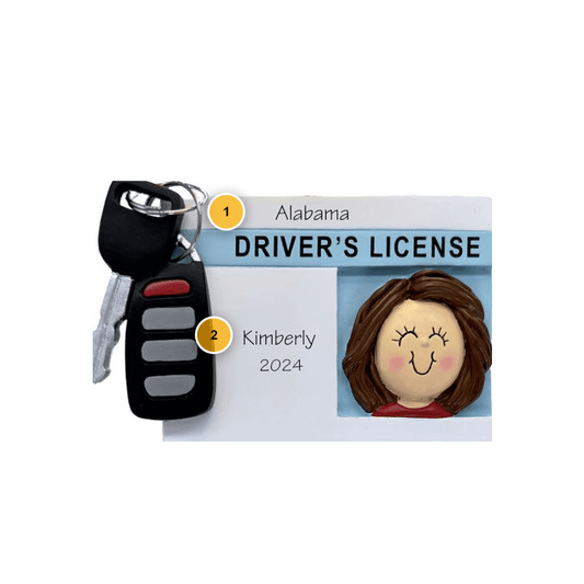 Brunette Female with License Personalized Ornament