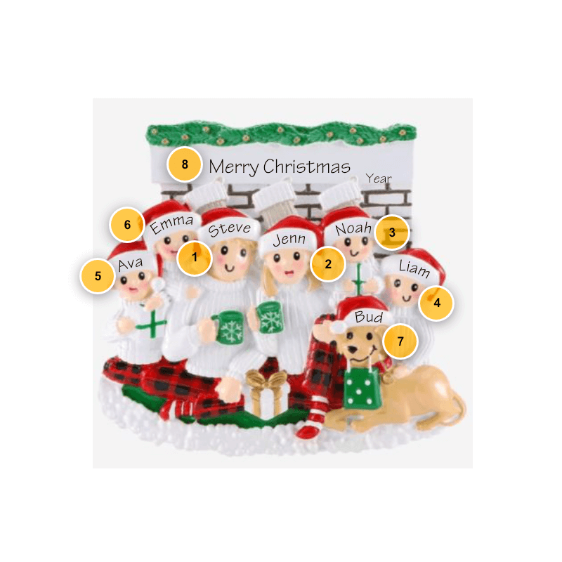 Family of 6 with Dog and Fireplace - Personalized Ornament