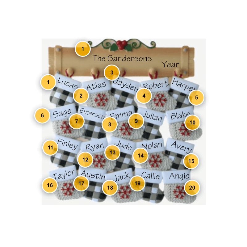 Mantle with 20 Stockings Personalized Christmas Ornament