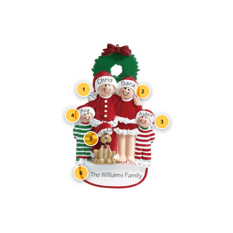Christmas Pajama Family of 4 with Dog Personalized Ornament