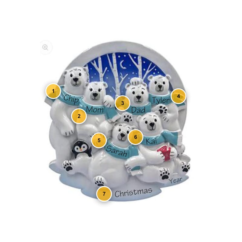 Polar Bear Family of 6 Personalized Ornament
