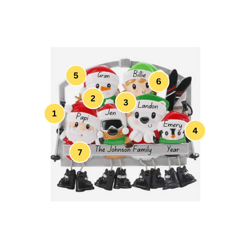 Ski Lift Family of 6 Personalized Ornament