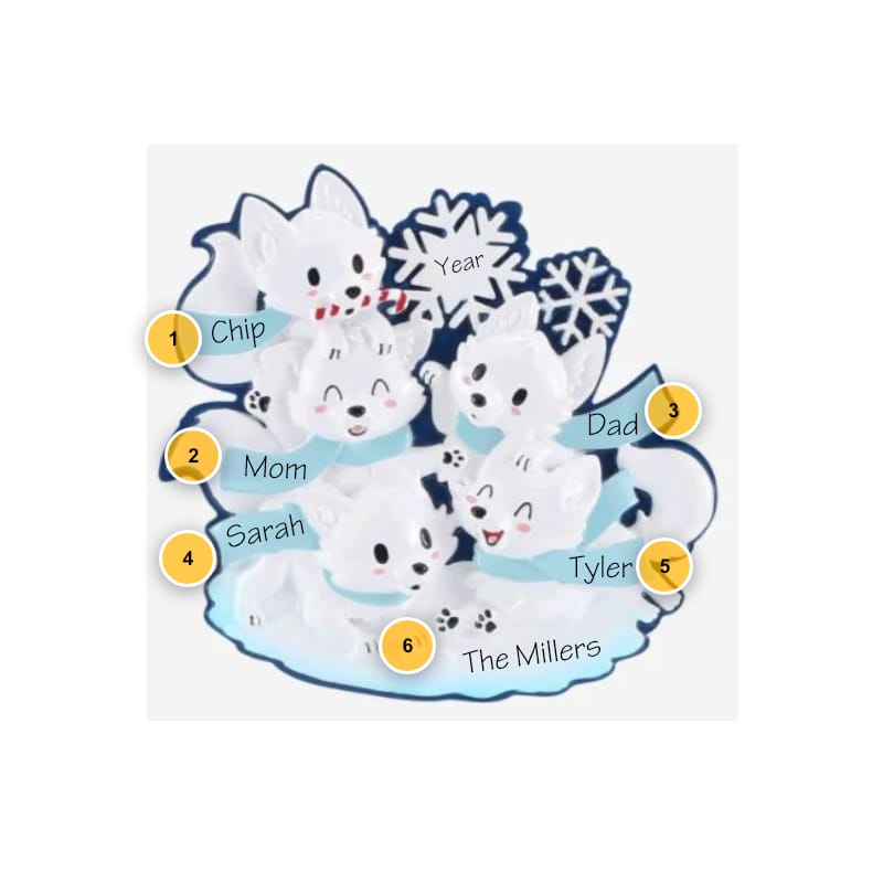 Arctic Fox Family of 5 Personalized Ornament