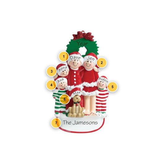 Christmas Pajama Family of 5 with Dog Personalized Ornament