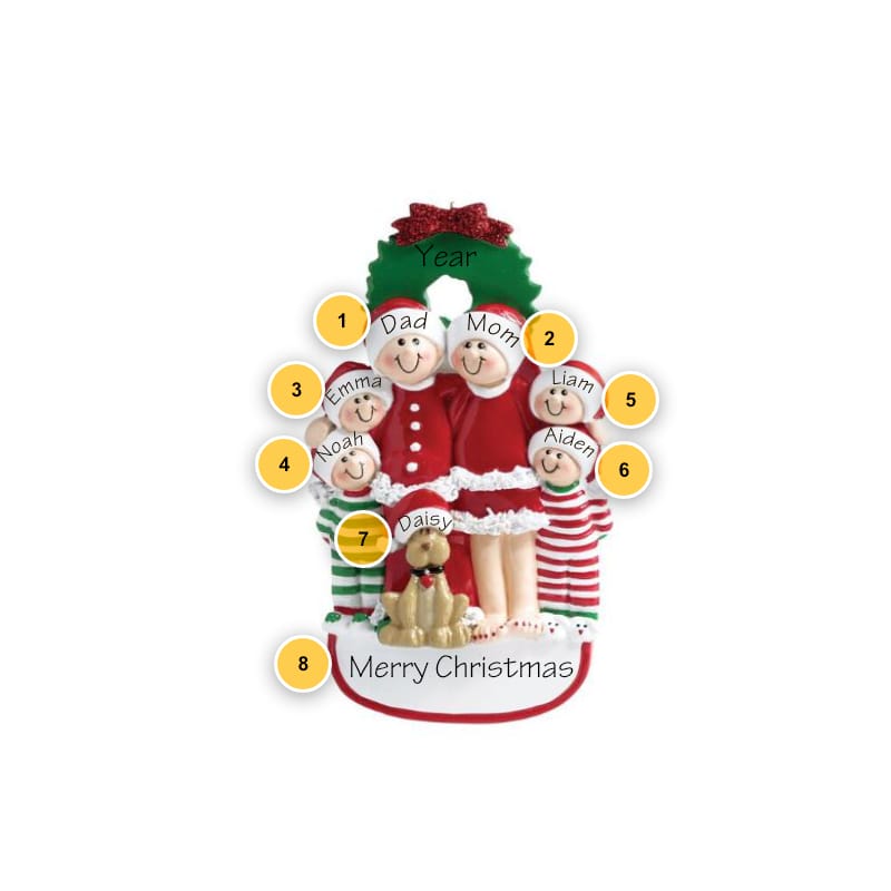 Christmas Pajama Family of 6 with Dog Personalized Ornament
