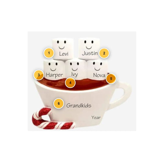 Hot Chocolate with Candy Cane Family of 5 Personalized Ornament