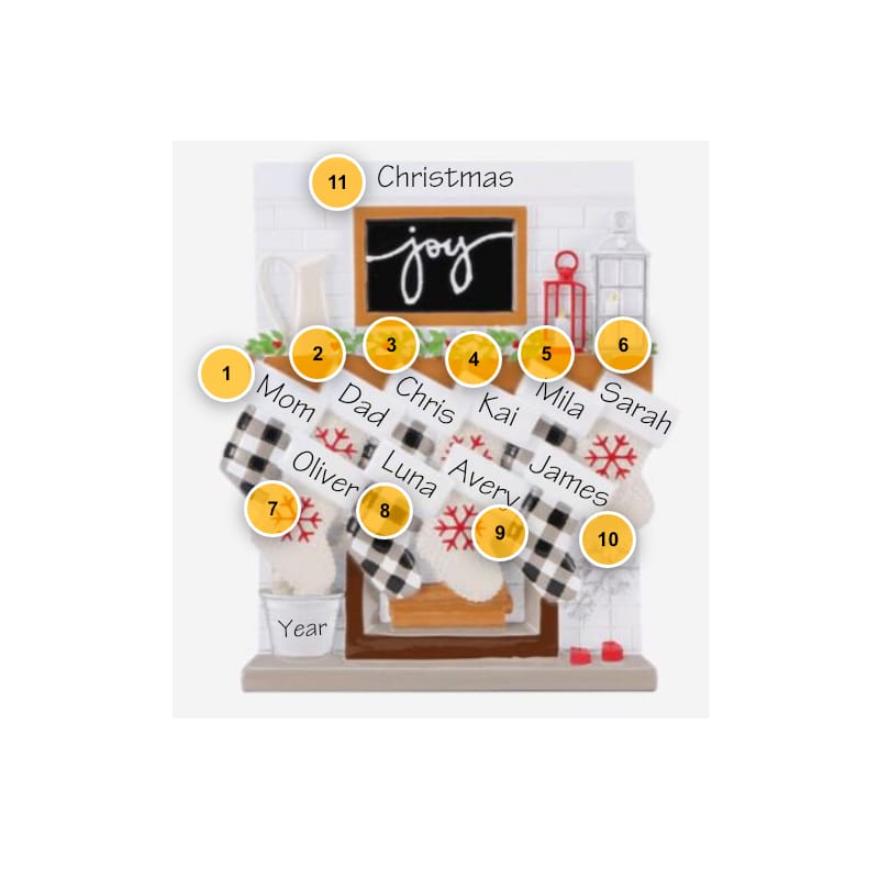 Fireplace Mantle Stockings Family of 10 Personalized Ornament