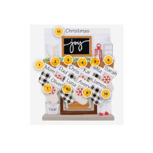 Fireplace Mantle Stockings Family of 10 Personalized Ornament