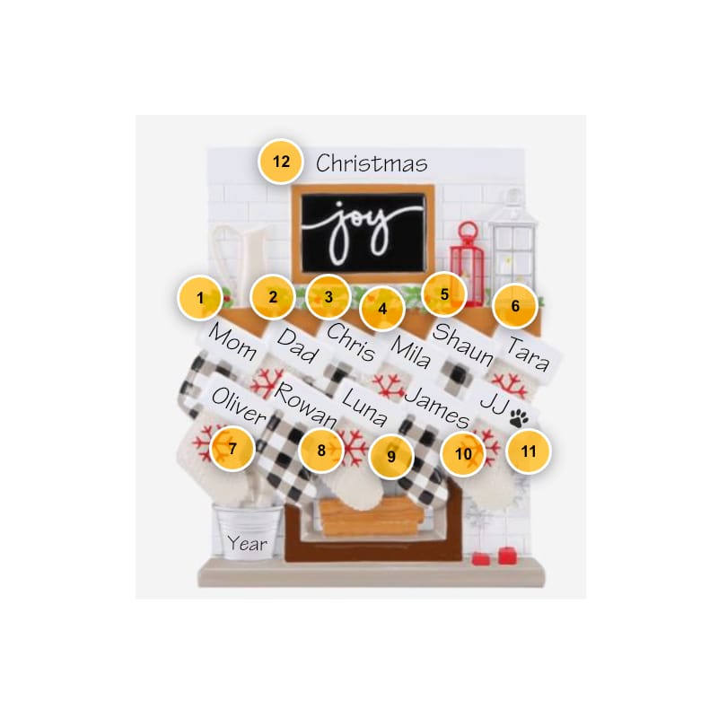 Fireplace Mantle Stockings Family of 11 Personalized Ornament