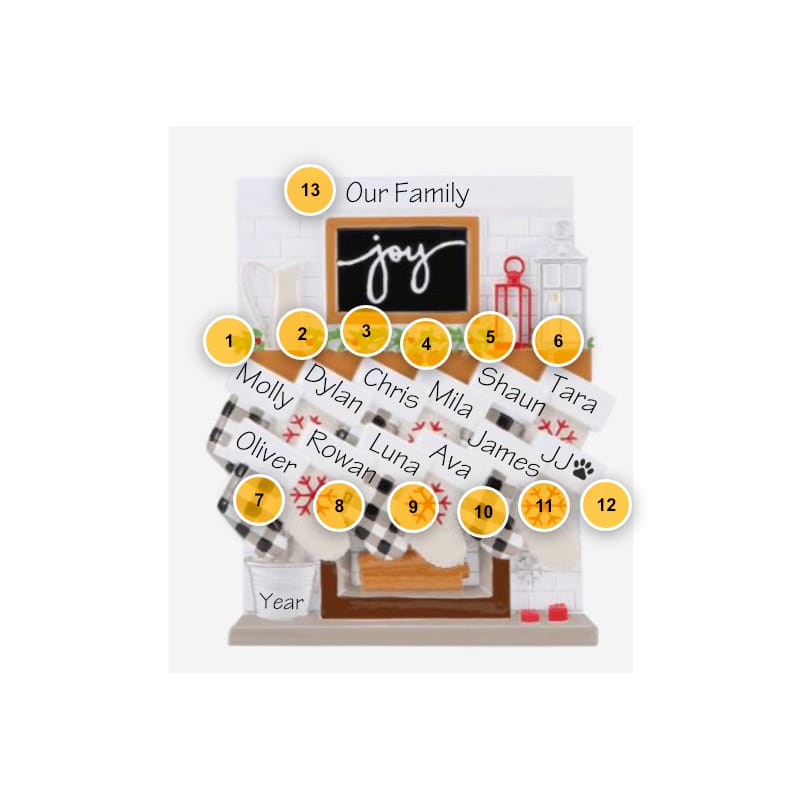 Fireplace Mantle Stockings Family of 12 Personalized Ornament