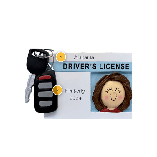 Brunette Female with License Personalized Ornament