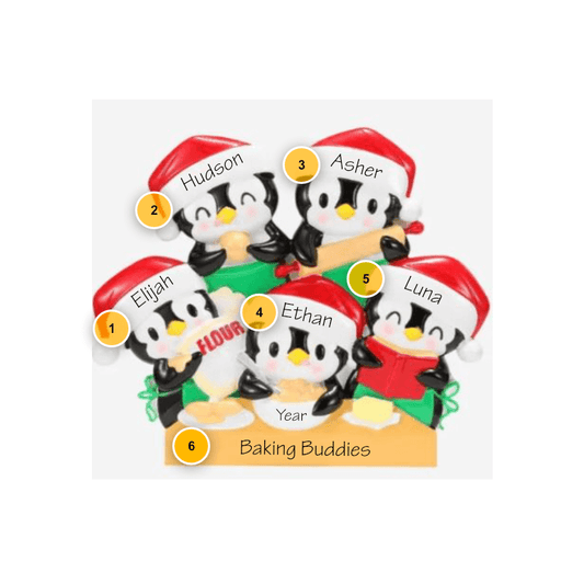 Penguins Baking Family of 5 Personalized Ornament