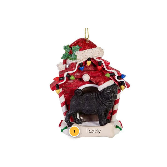 Black Pug With Dog House Personalized Ornament