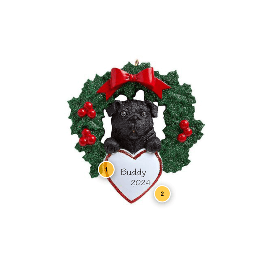 Black Pug Wreath Personalized Dog Ornament