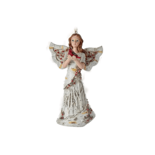 Brunette Birch Berry Angel with Cardinal Ornament