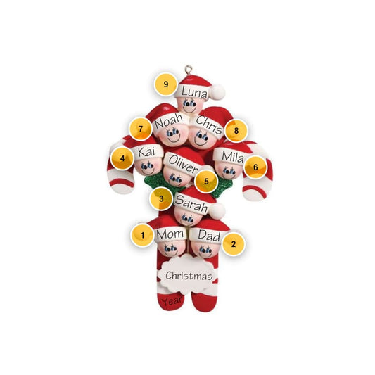 Candy Cane Family Of 9 Personalized Christmas Ornament