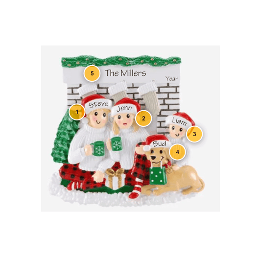 Sitting in Front of Fireplace Family of 3 with Dog Personalized Ornament