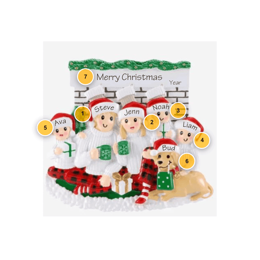 Sitting in Front of Fireplace Family of 5 with Dog Personalized Ornament