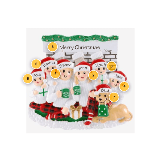 Sitting in Front of Fireplace Family of 6 with Dog Personalized Ornament