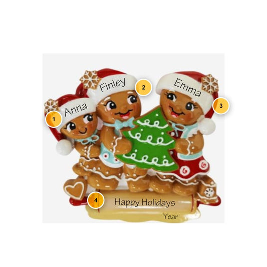 Gingerbread Family of 3 Personalized Ornament