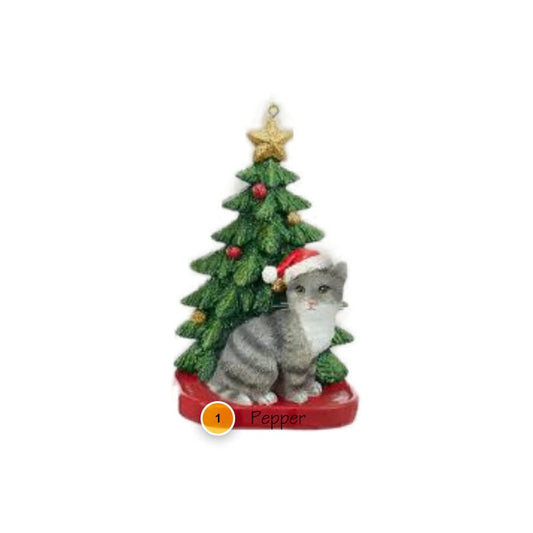 Grey Cat with Christmas Tree Personalized Ornament