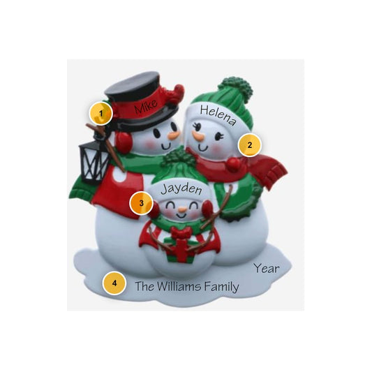 Snowpeople with Lantern Family of 3 Personalized Ornament