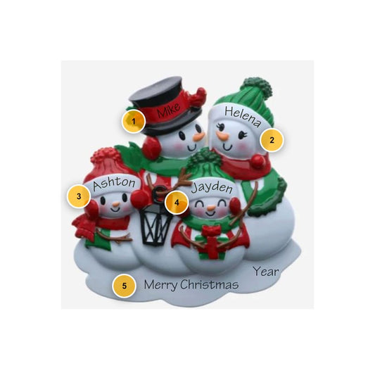 Snowpeople with Lantern Family of 4 Personalized Ornament