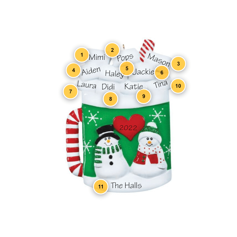 Holiday Hot Chocolate Mug Family of 10 Marshmallow Ornament