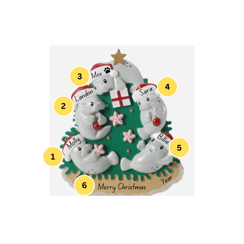 Manatee Family of 5 Personalized Ornament