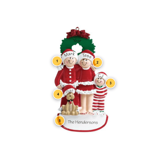 Christmas Pajama Family of 3 with Dog Personalized Ornament