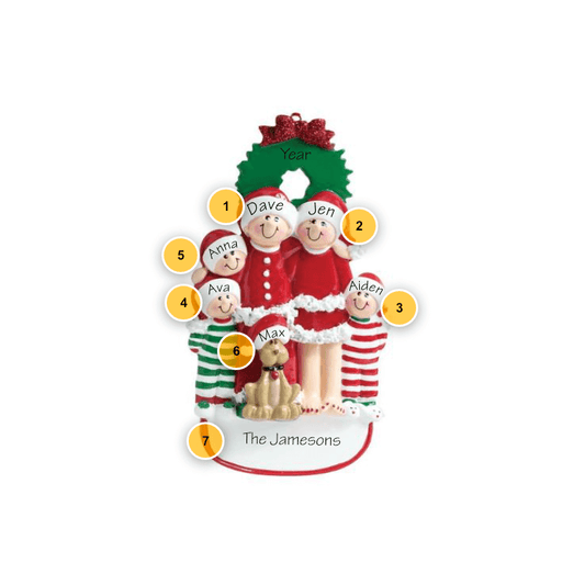 Christmas Pajama Family of 5 with Dog Personalized Ornament