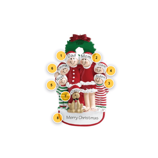 Christmas Pajama Family of 6 with Dog Personalized Ornament
