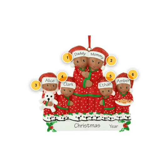 African American Family of 6 in Pajamas Personalized Ornament