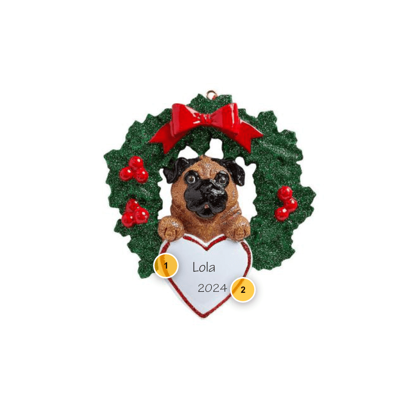 Tan and Black Pug Wreath Personalized Dog Ornament