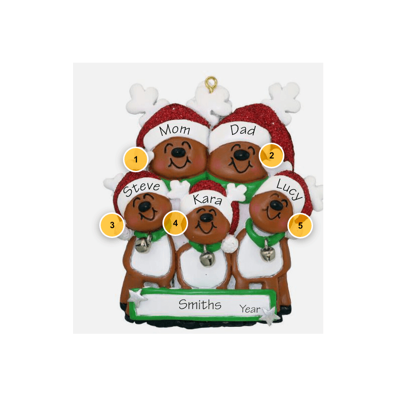 Reindeer Family of 5 Personalized Ornament