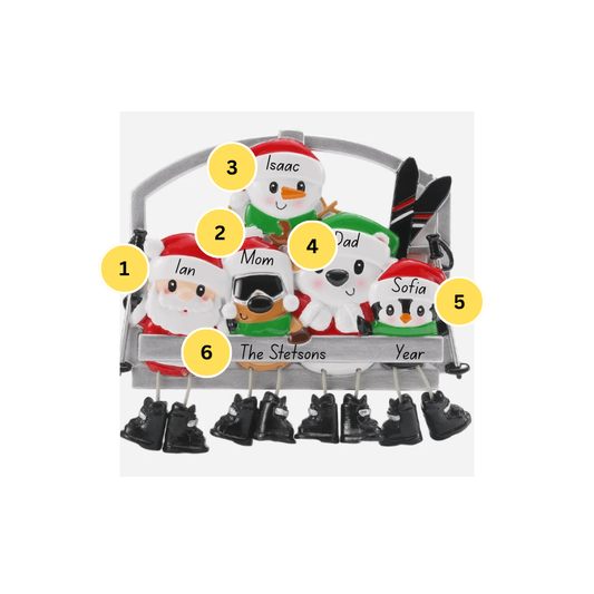 Ski Lift Family of 5 Personalized Ornament