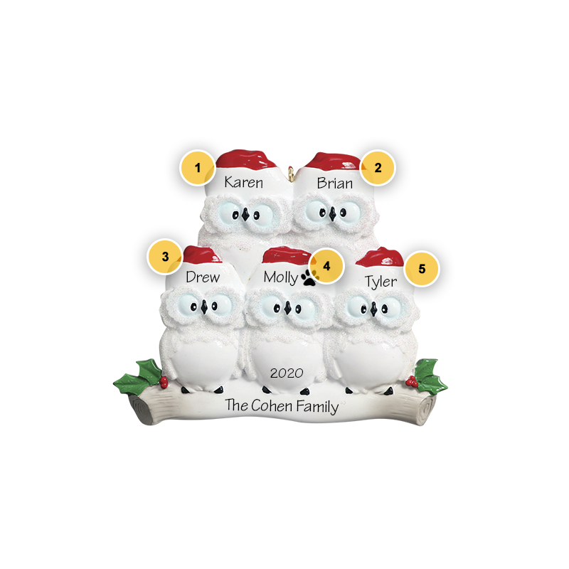 Owl Family of 5 Personalized Ornament