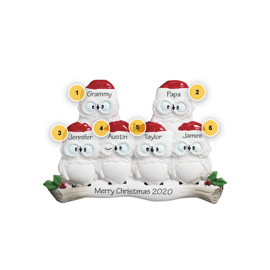 Owl Family of 6 Personalized Ornament