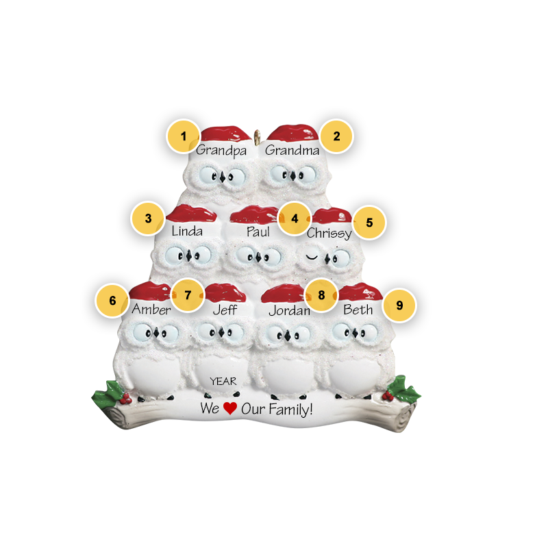 Owl Family of 9 Personalized Ornament