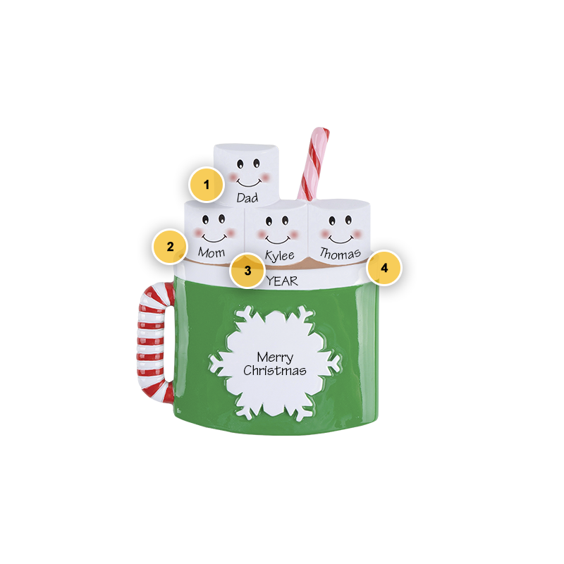marshmallow mug personalized family of 4 Christmas ornaments