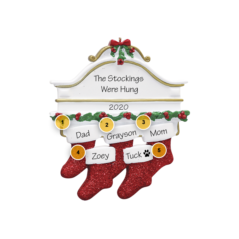 family of 5 ornament fireplace mantle with stockings