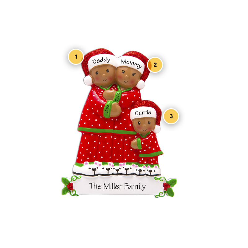 Family of 3 in Pajamas Personalized Ornament