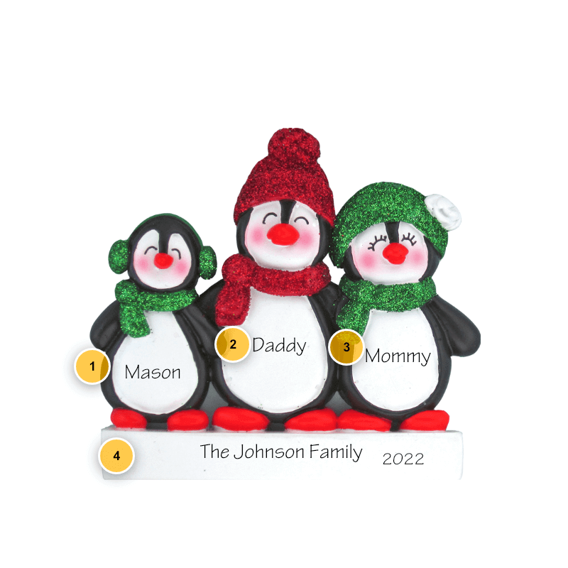 Penguin Family of 3 Personalized Ornament