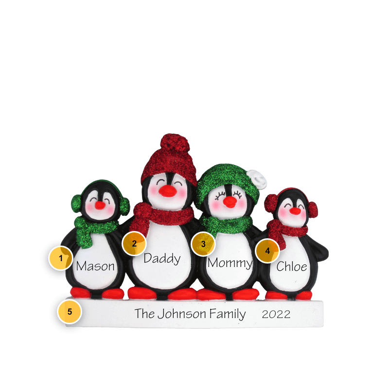 Penguin Family of 4 Personalized Ornament