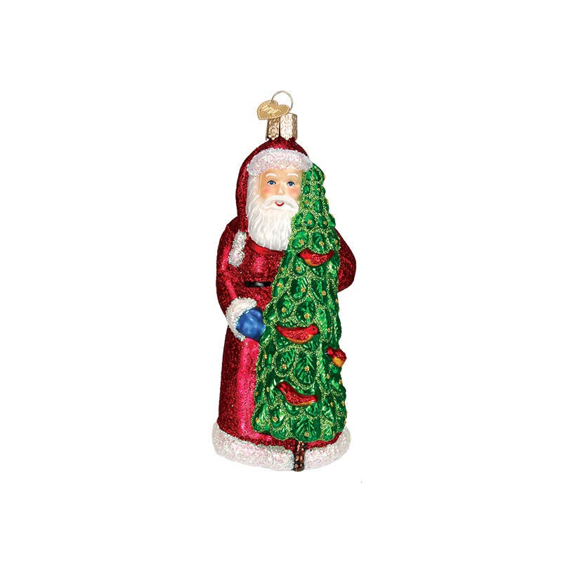 Santa with Cardinals in a Tree Glass Ornament