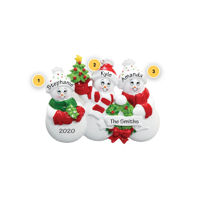 Snowpeople Family of 3 Personalized Ornament