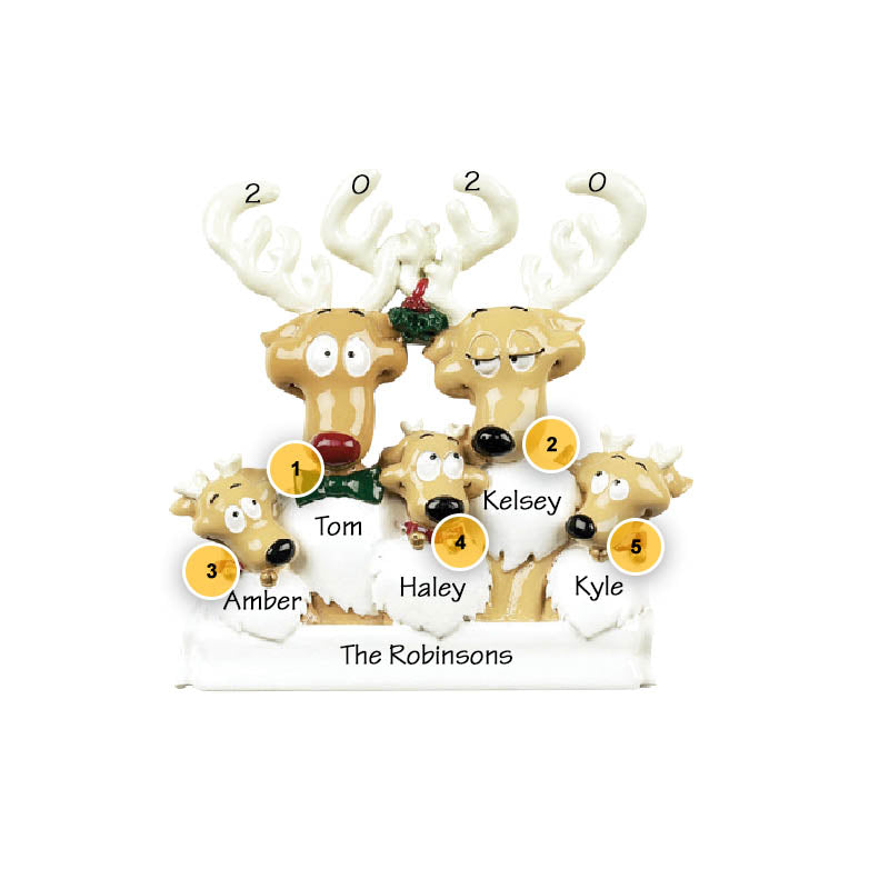 Reindeer Family of 5 Personalized Ornament